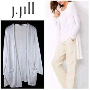 EUC J. JILL S Open Front Cardigan Sweater Tunic Duster Linen Blend Sheer White